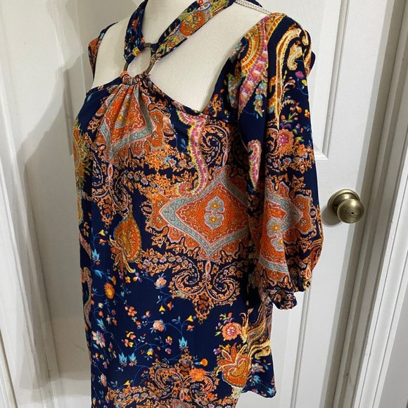 S Entro Top with Navy and Orange Print, Cold Shoulder, Gold Ring at Neck/Back - Picture 5 of 9